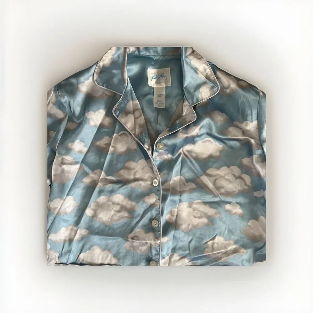 Nick and Nora Vintage Blue Cloud Print Satin Pajama Top Button Up Kids Sz M 7/8